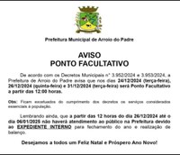 Ponto Facultativo nos dias 24, 26 e 31 de Dezembro.